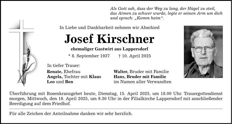 Traueranzeige Josef Kirschner