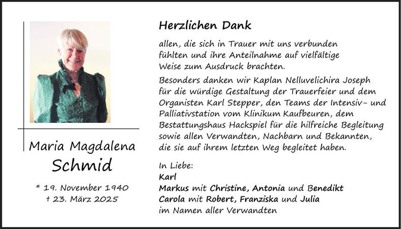 Traueranzeige Maria Schmid