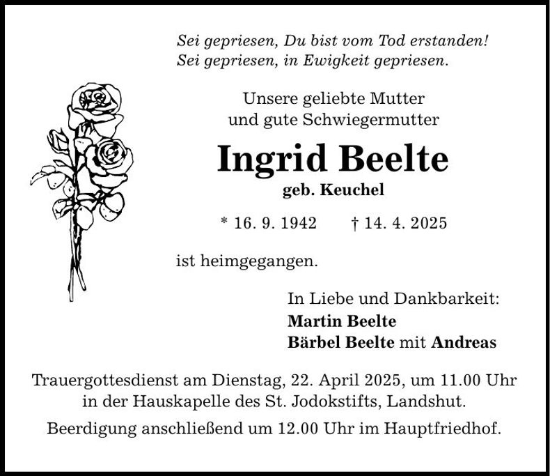 Traueranzeige Ingrid Beelte