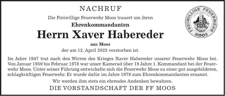 Traueranzeige Xaver Habereder