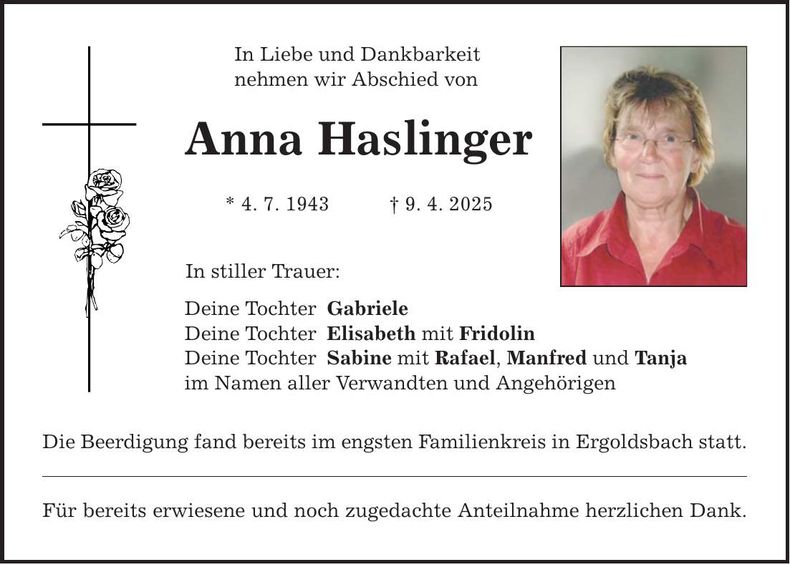 Traueranzeige Anna Haslinger