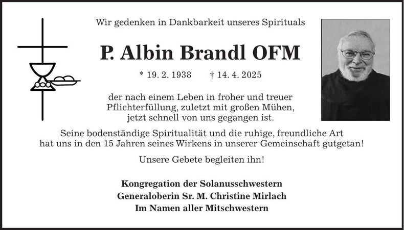 Traueranzeige P. Albin Brandl OFM