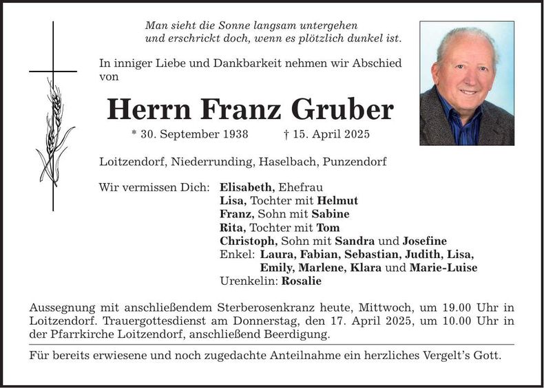 Traueranzeige Franz Gruber