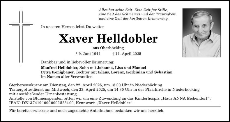 Traueranzeige Xaver Helldobler