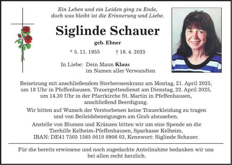 Traueranzeige Siglinde Schauer