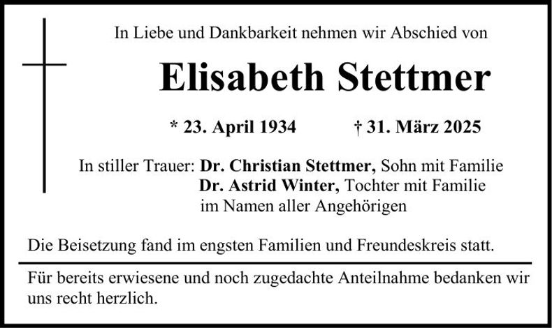 Traueranzeige Elisabeth Stettmer