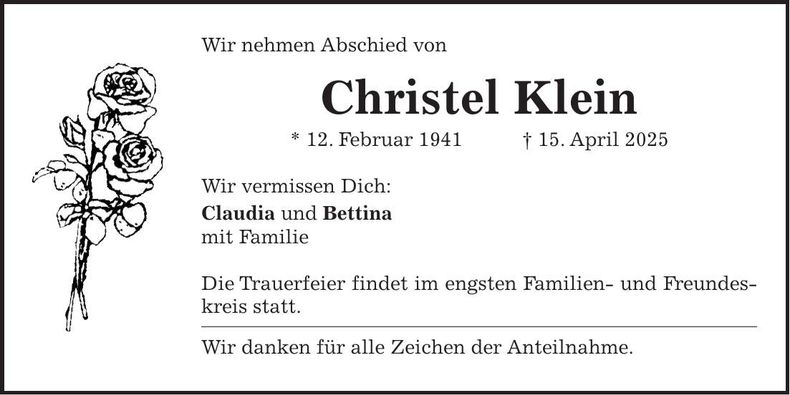 Traueranzeige Christel Klein