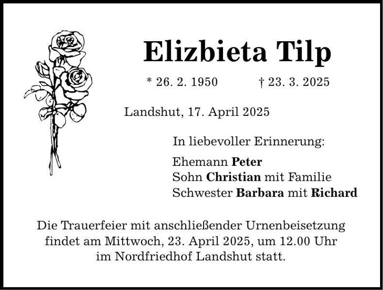 Traueranzeige Elizbieta Tilp
