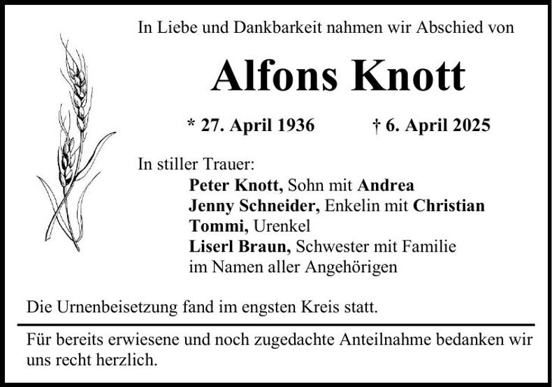 Traueranzeige Alfons Knott