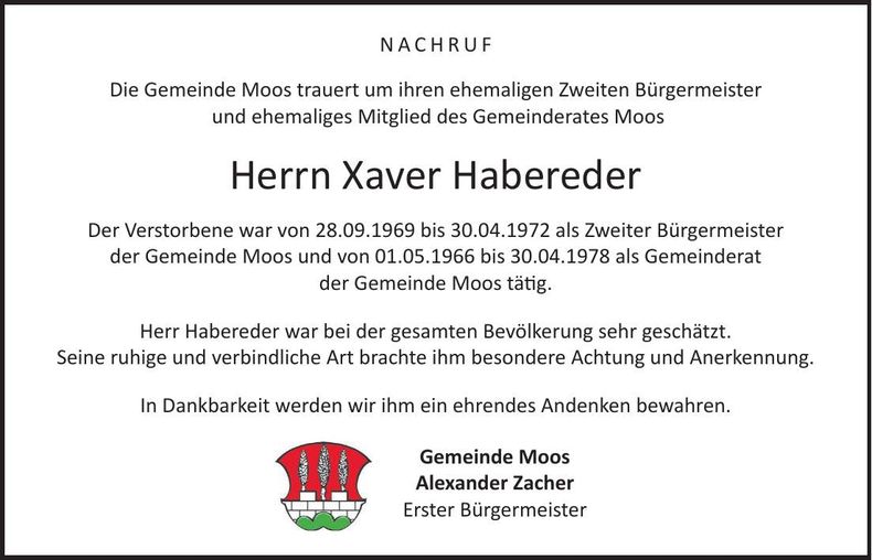 Traueranzeige Xaver Habereder