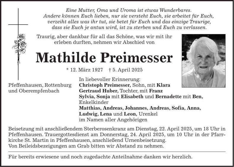 Traueranzeige Mathilde Preimesser