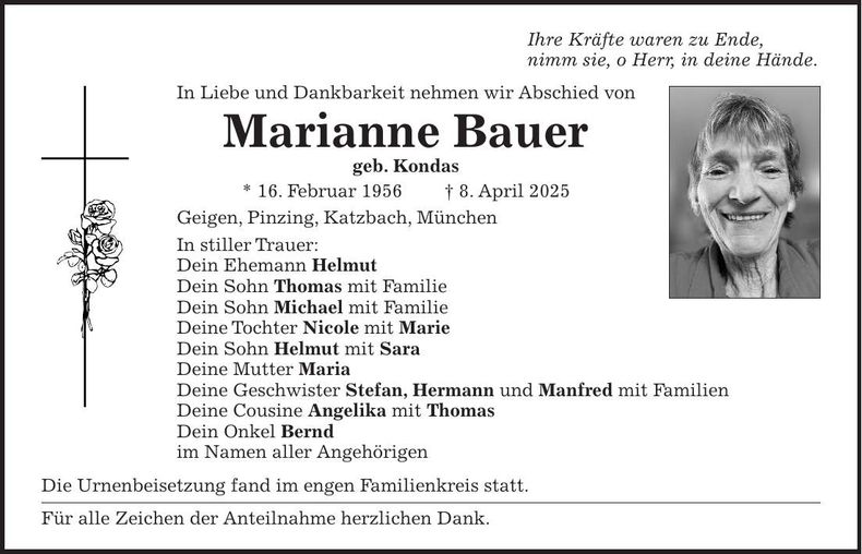 Traueranzeige Marianne Bauer
