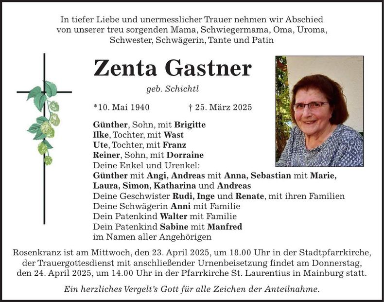 Traueranzeige Zenta Gastner