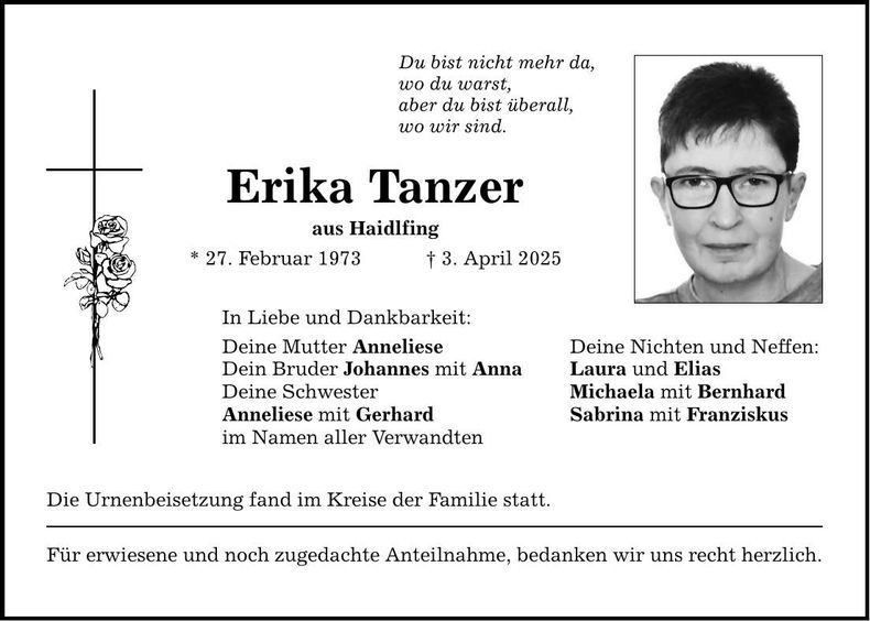Traueranzeige Erika Tanzer