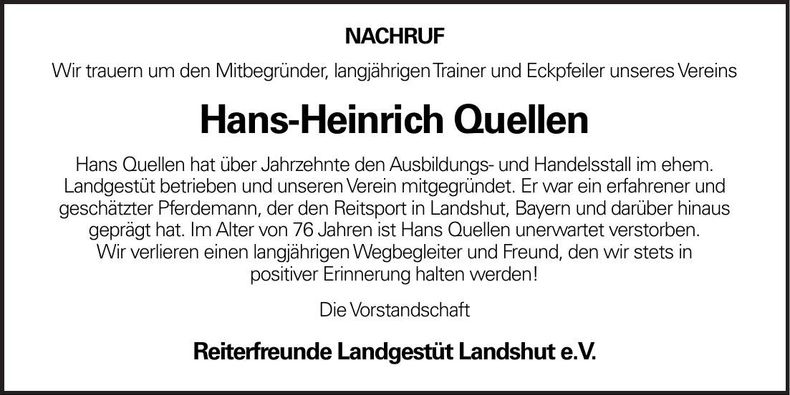 Traueranzeige Hans-Heinrich Quellen