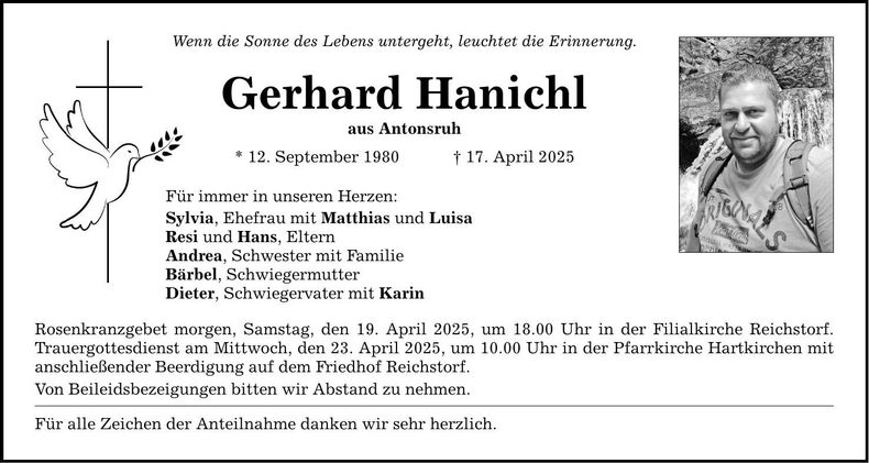 Traueranzeige Gerhard Hanichl