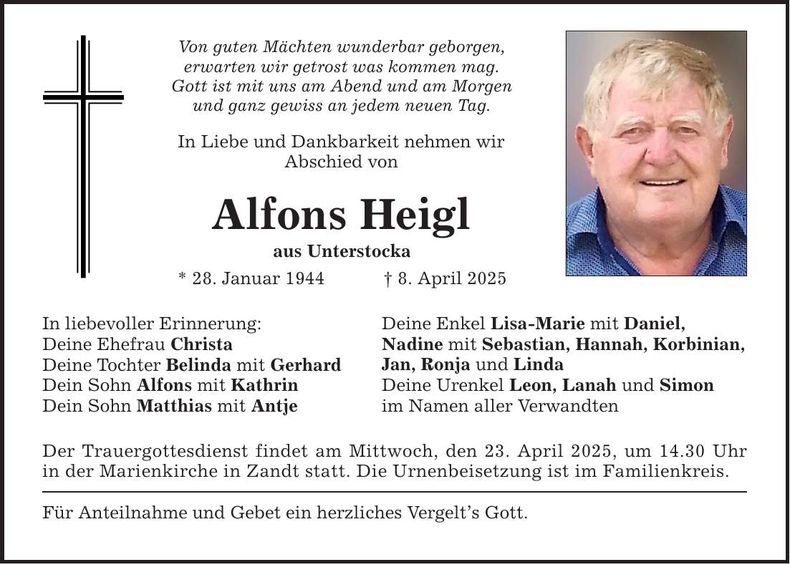 Traueranzeige Alfons Heigl