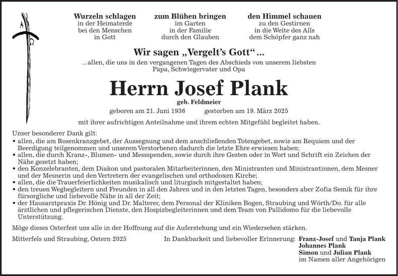 Traueranzeige Josef Plank
