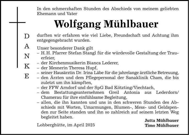 Traueranzeige Wolfgang Mühlbauer