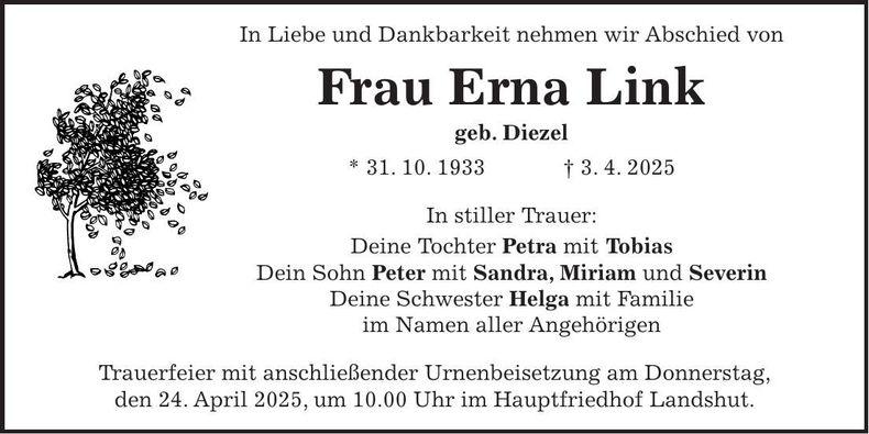 Traueranzeige Erna Link