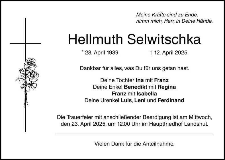 Traueranzeige Hellmuth Selwitschka
