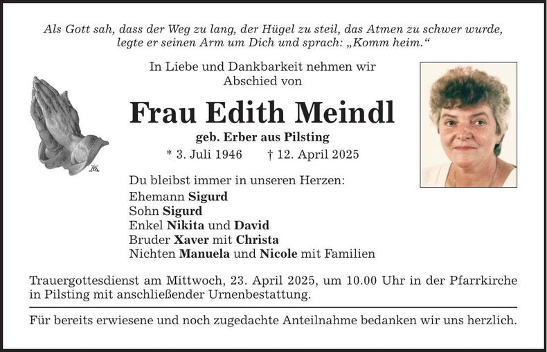 Traueranzeige Edith Meindl
