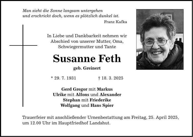 Traueranzeige Susanne Feth