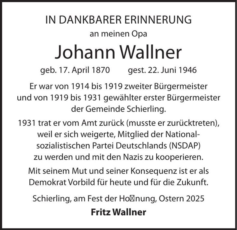 Traueranzeige Johann Wallner