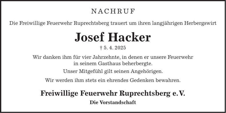 Traueranzeige Josef Hacker