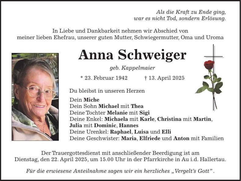 Traueranzeige Anna Schweiger