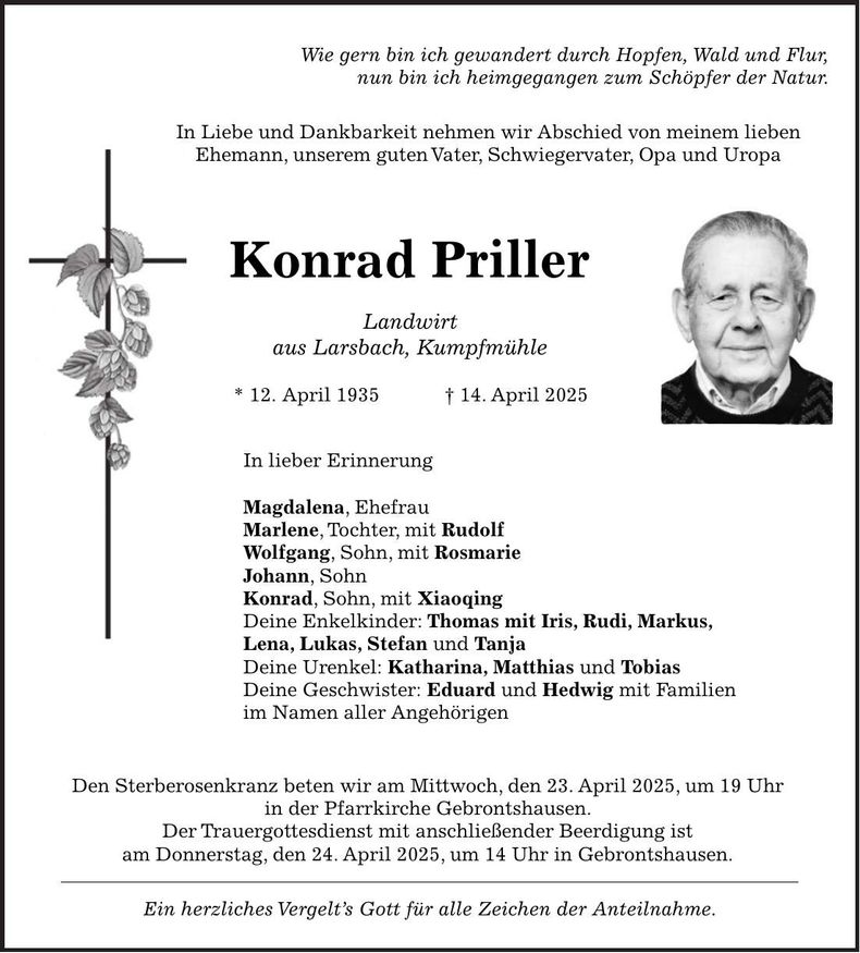 Traueranzeige Konrad Priller