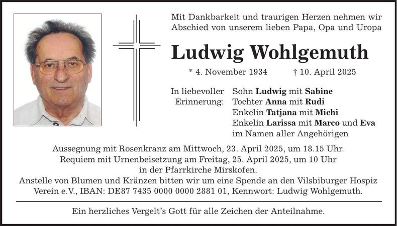 Traueranzeige Ludwig Wohlgemuth