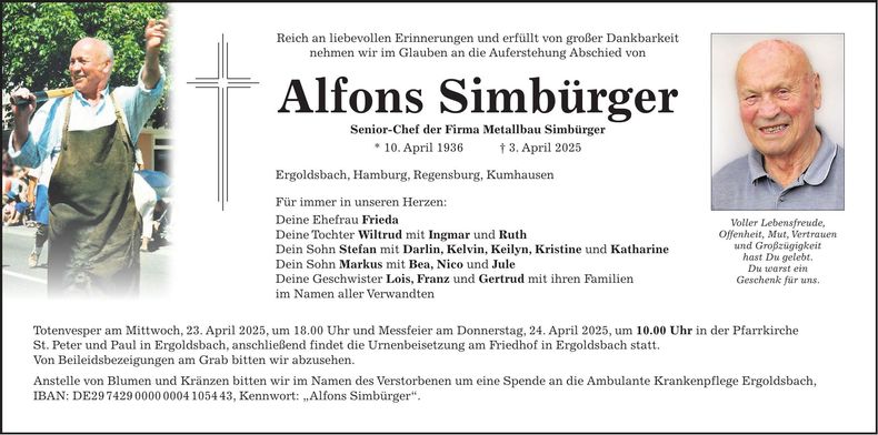 Traueranzeige Alfons Simbürger
