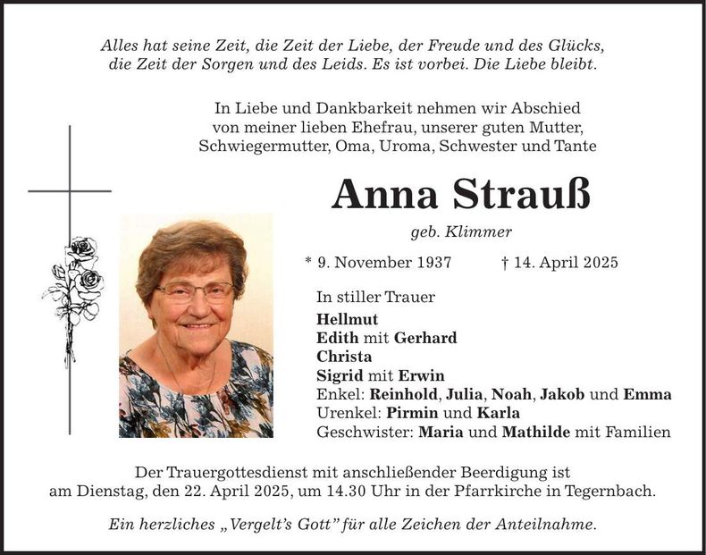 Traueranzeige Anna Strauß
