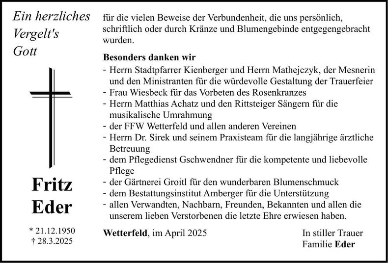 Traueranzeige Fritz Eder