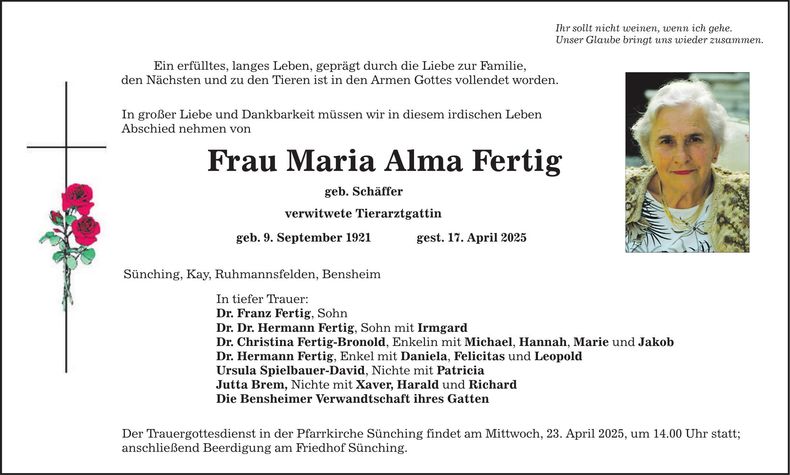 Traueranzeige Maria Alma Fertig