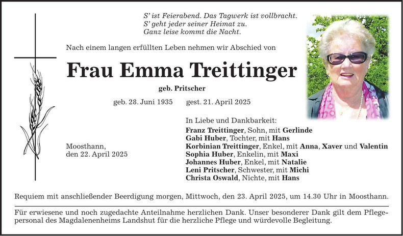 Traueranzeige Emma Treittinger