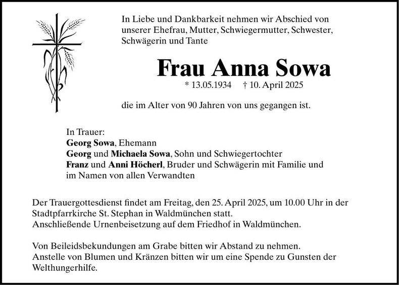 Traueranzeige Anna Sowa