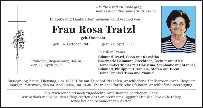 Traueranzeige Rosa Tratzl