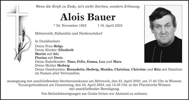 Traueranzeige Alois Bauer