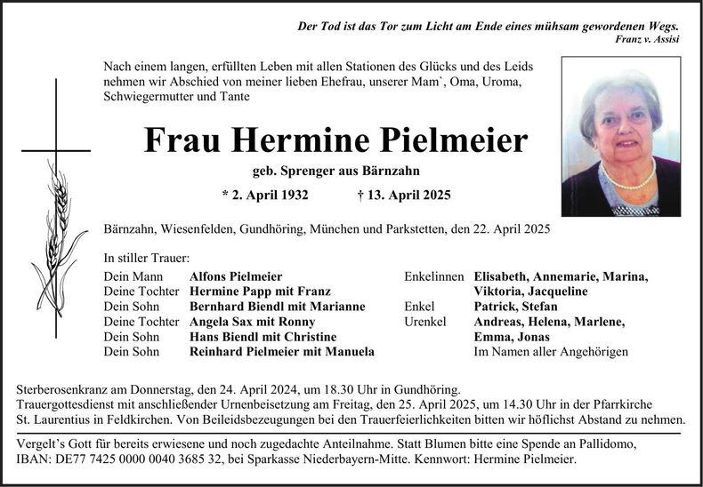 Traueranzeige Hermine Pielmeier