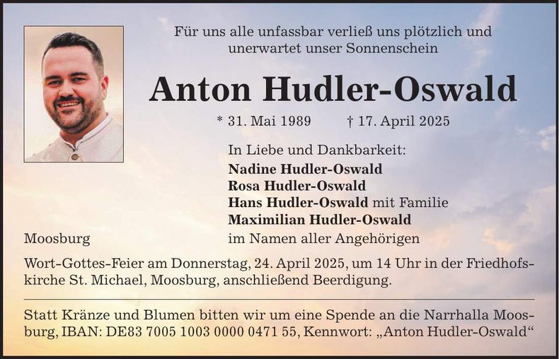 Traueranzeige Anton Hudler-Oswald