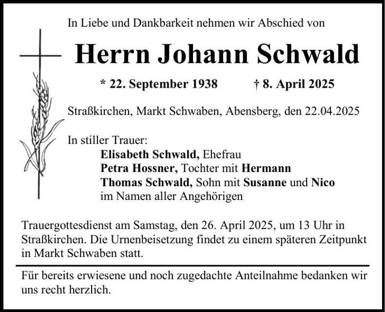 Traueranzeige Johann Schwald