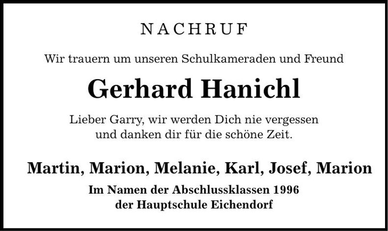 Traueranzeige Gerhard Hanichl