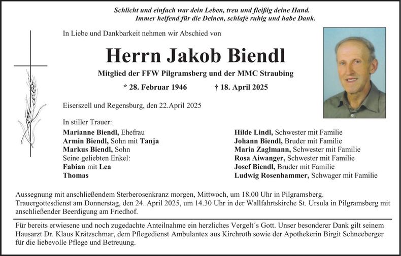 Traueranzeige Jakob Biendl