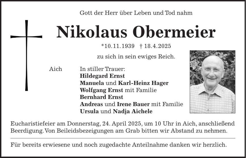 Traueranzeige Nikolaus Obermeier