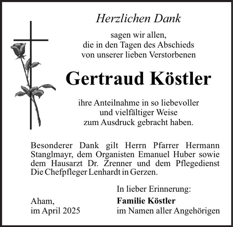 Traueranzeige Gertraud Köstler