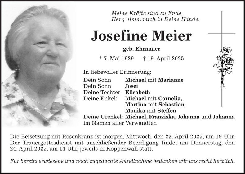 Traueranzeige Josefine Meier