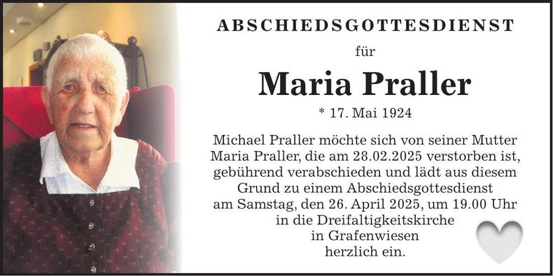 Traueranzeige Maria Praller