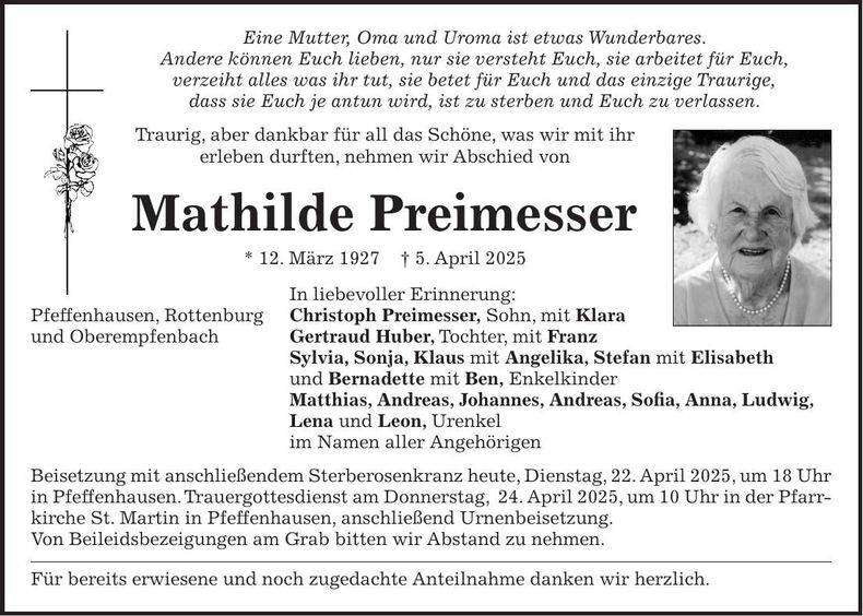 Traueranzeige Mathilde Preimesser